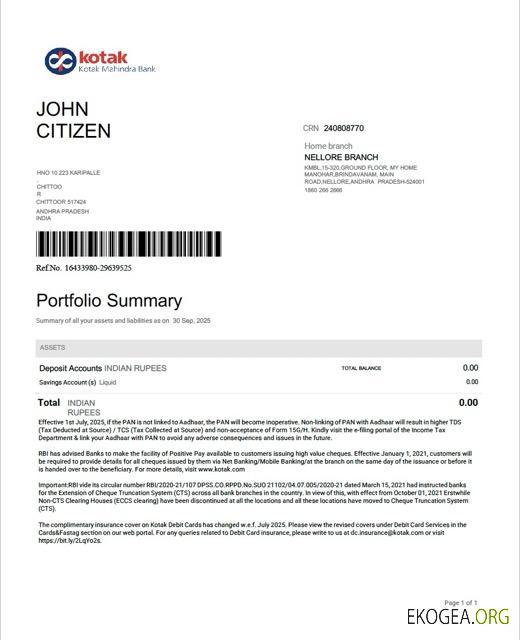 Inde Relevé de compte Kotak Mahindra Bank Modèle Word et PDF template